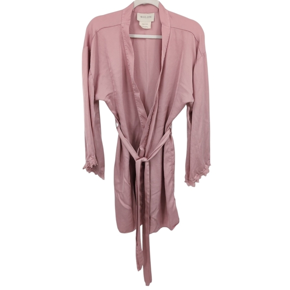 BHLDN Anthro Matine Robe Rose Pink Viscose Tie Waist Lace Trim Bride Soft Medium - Picture 1 of 10